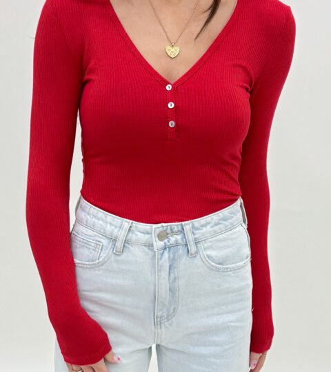 Downtime Ribbed Henley Top | Cherry | +Plus Available