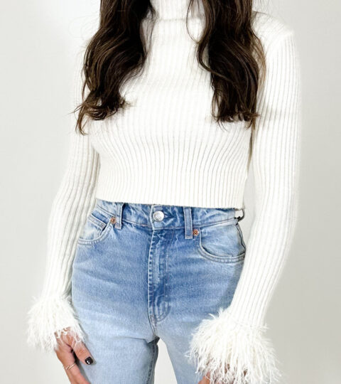 Stassi Feather Cuff Sweater | Ivory