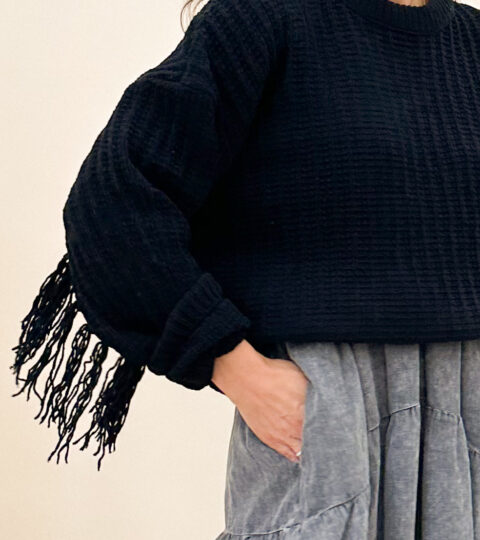 Chenille Knit Fringe Sleeve Sweater | Black | FINAL SALE