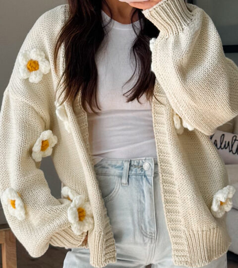 Daisy Puff Knit Cardigan | Cream