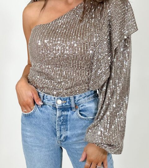 Glitz Puff Sleeve Sequin Top | Mocha | FINAL SALE