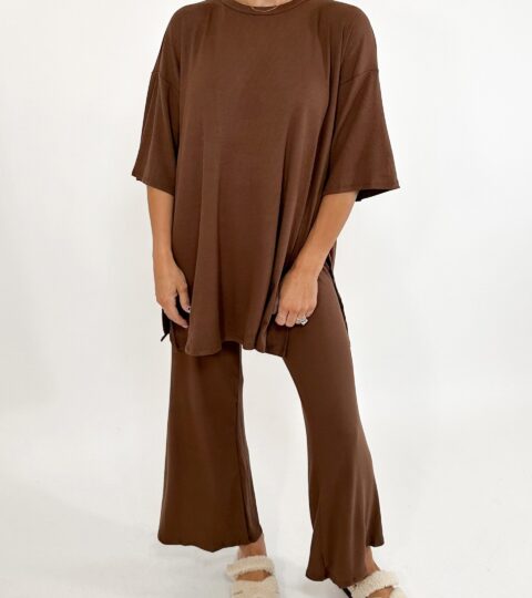 Nova Ribbed Crop Wide-Leg Pant Set | Chocolate | +Plus Available