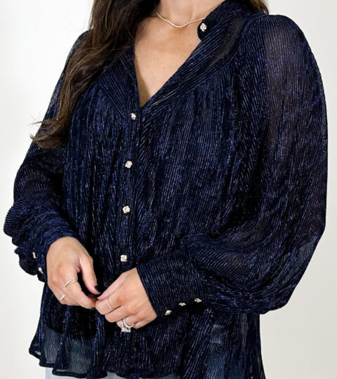 Pleated Shimmer Blouse | Navy