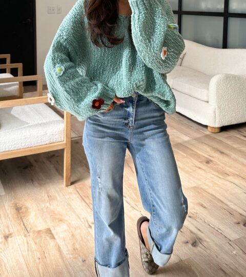 Flower Chunky Knit Sweater | Teal